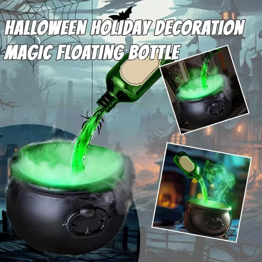 Halloween decoration with a magic floating bottle pouring green liquid into a cauldron.