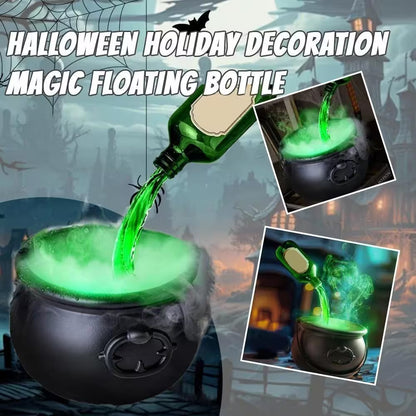 Halloween decoration with a magic floating bottle pouring green liquid into a cauldron.