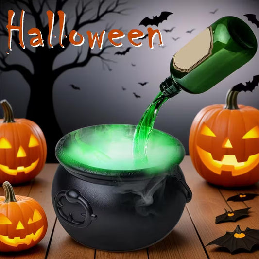 Halloween-themed scene with a black cauldron, green liquid, pumpkins, and bats.