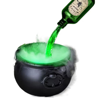 Green liquid being poured from a bottle into a black cauldron on a white background