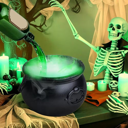 Halloween-themed scene with a skeleton pouring green liquid into a black cauldron.