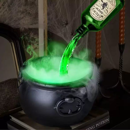 Green liquid being poured into a cauldron with Halloween-themed elements.