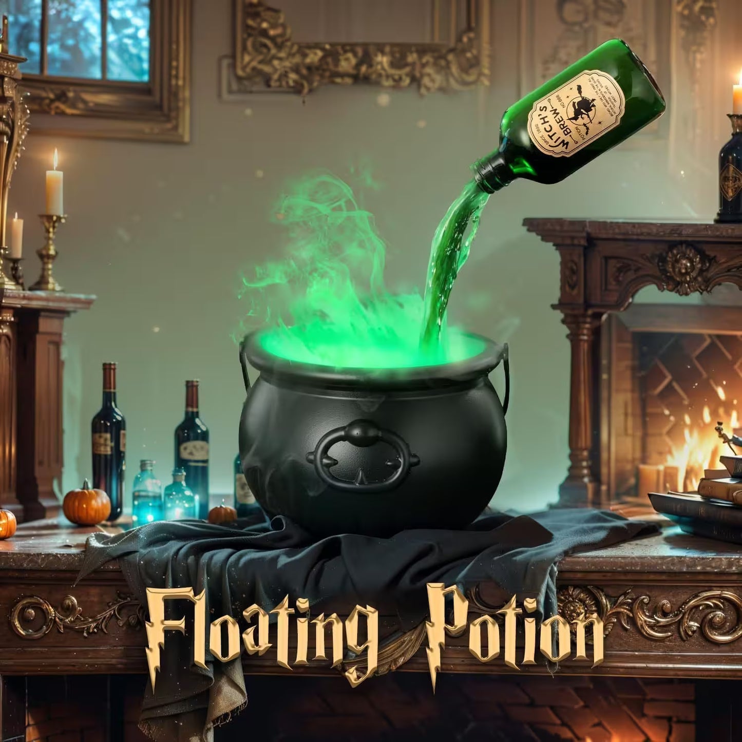 Green potion being poured into a black cauldron with vintage decor in the background.