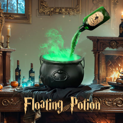 Green potion being poured into a black cauldron with a mystical ambiance.