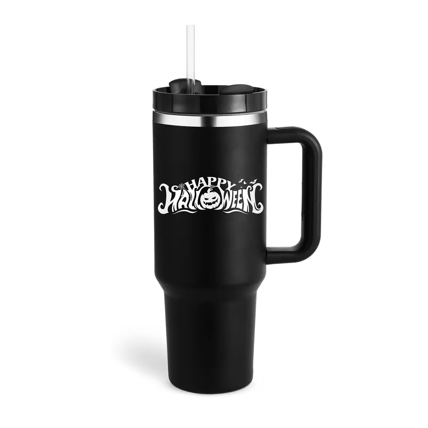 Black travel mug with 'Happy Halloween' text on a white background