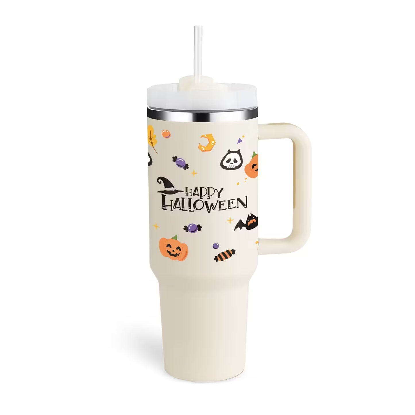 Cream-colored tumbler with Halloween-themed design and 'Happy Halloween' text on a white background
