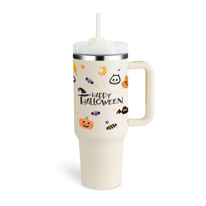 Cream-colored tumbler with Halloween-themed design and 'Happy Halloween' text on a white background