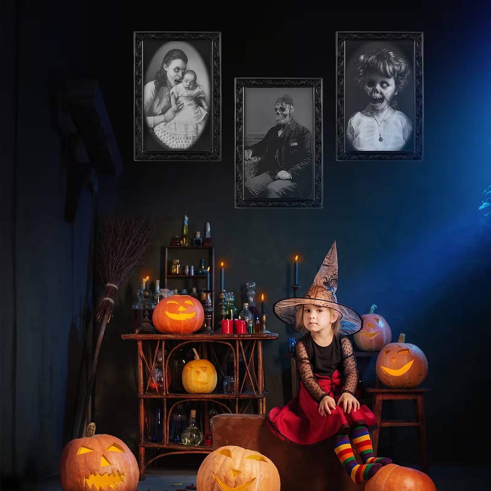 Child in a witch costume surrounded by Halloween decorations including pumpkins and dark-themed portraits.
