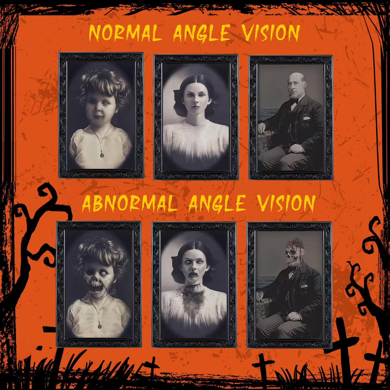 Horror-themed collage with black and white portraits on an orange background