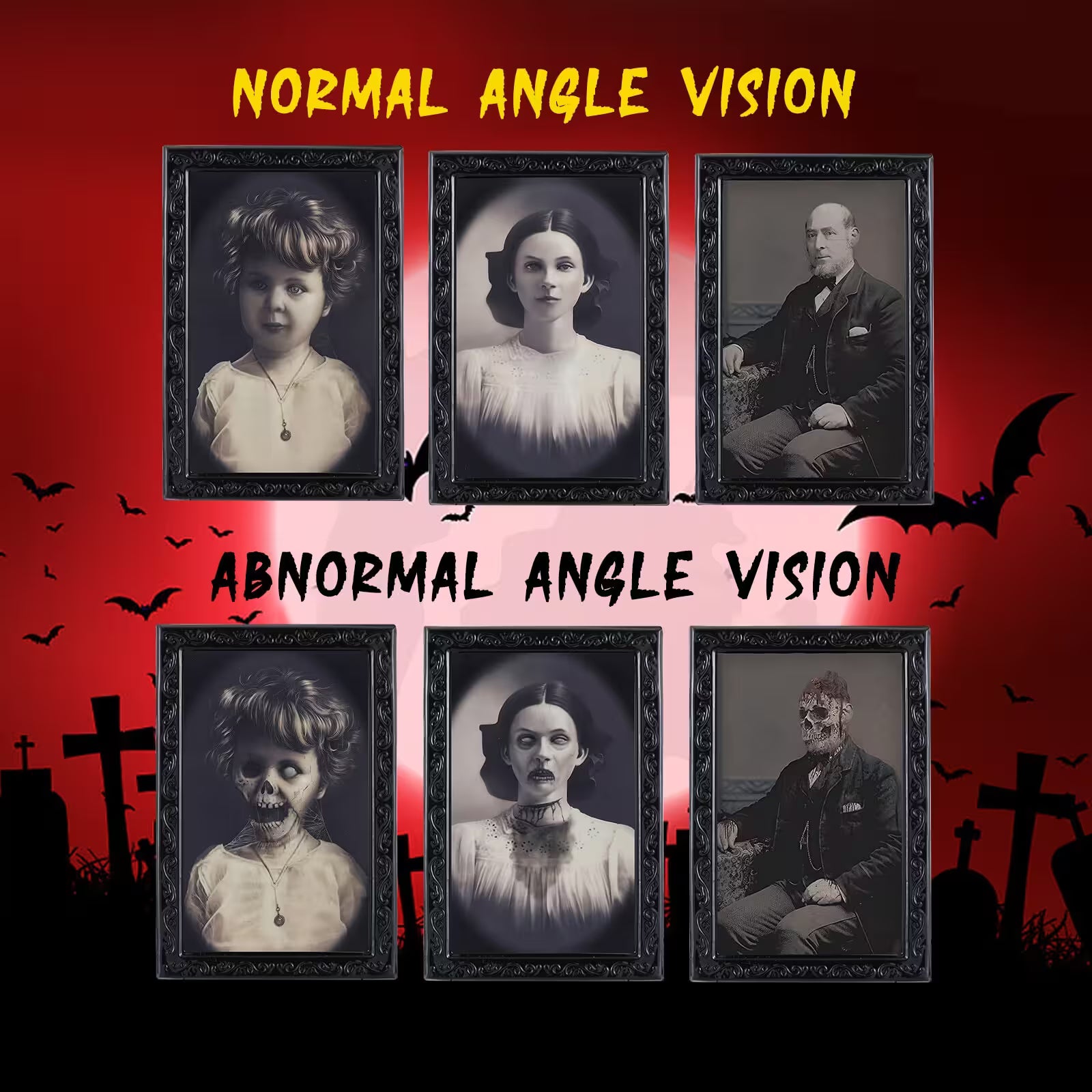 Comparison of portraits under normal and abnormal angle vision with a Halloween-themed background.
