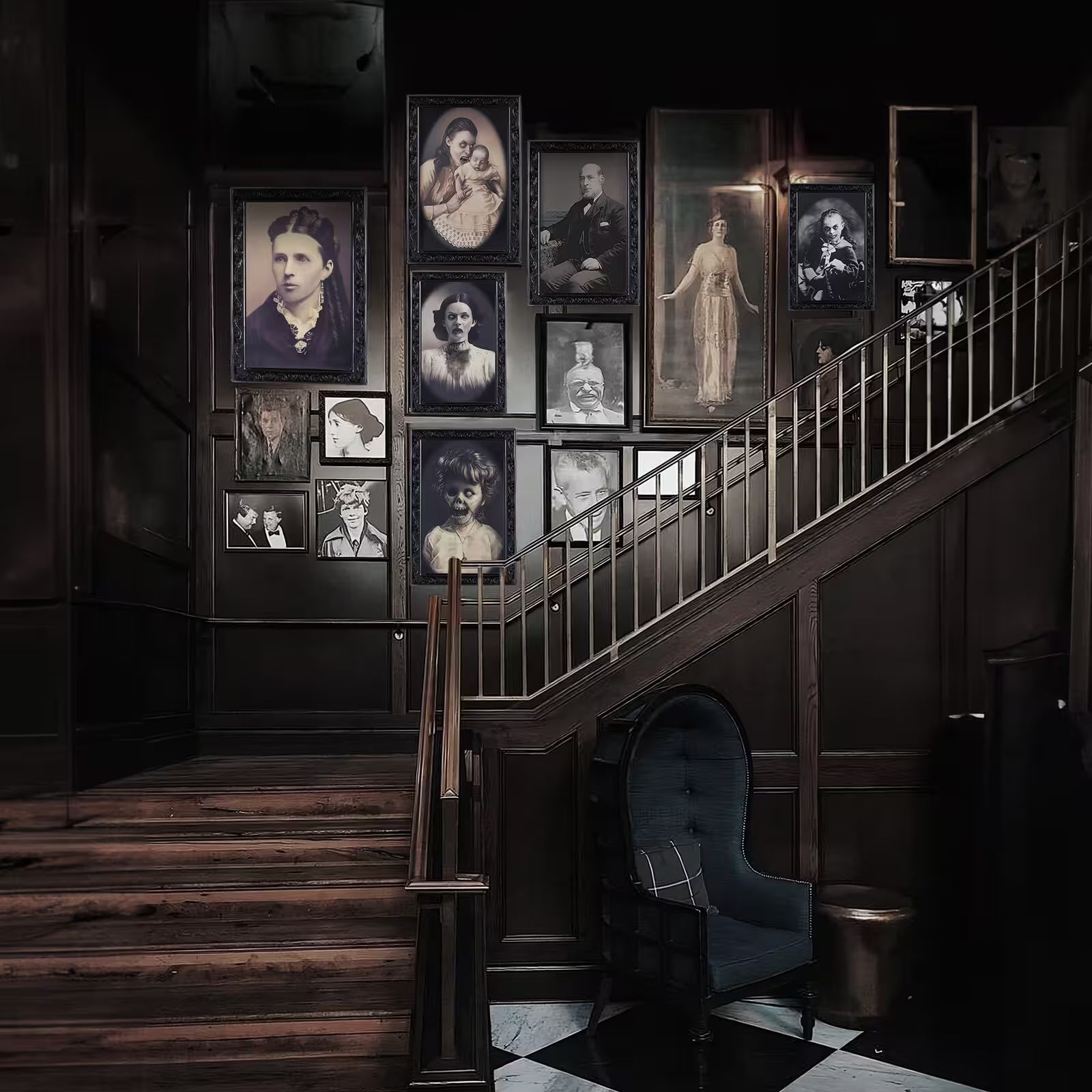 Staircase with vintage portraits on the wall in a dark, moody setting