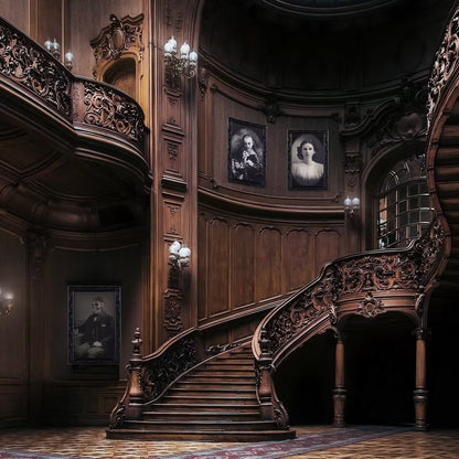 Elaborate wooden staircase in a grand hall with ornate decorations and portraits on the walls.