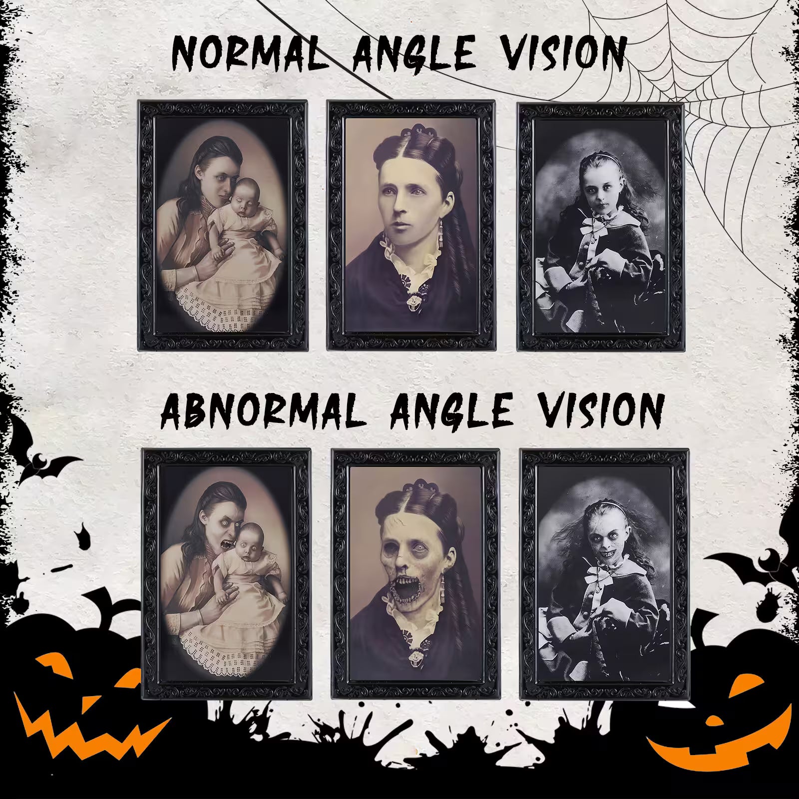 Halloween-themed comparison of normal and abnormal angle vision with vintage portraits and pumpkins.
