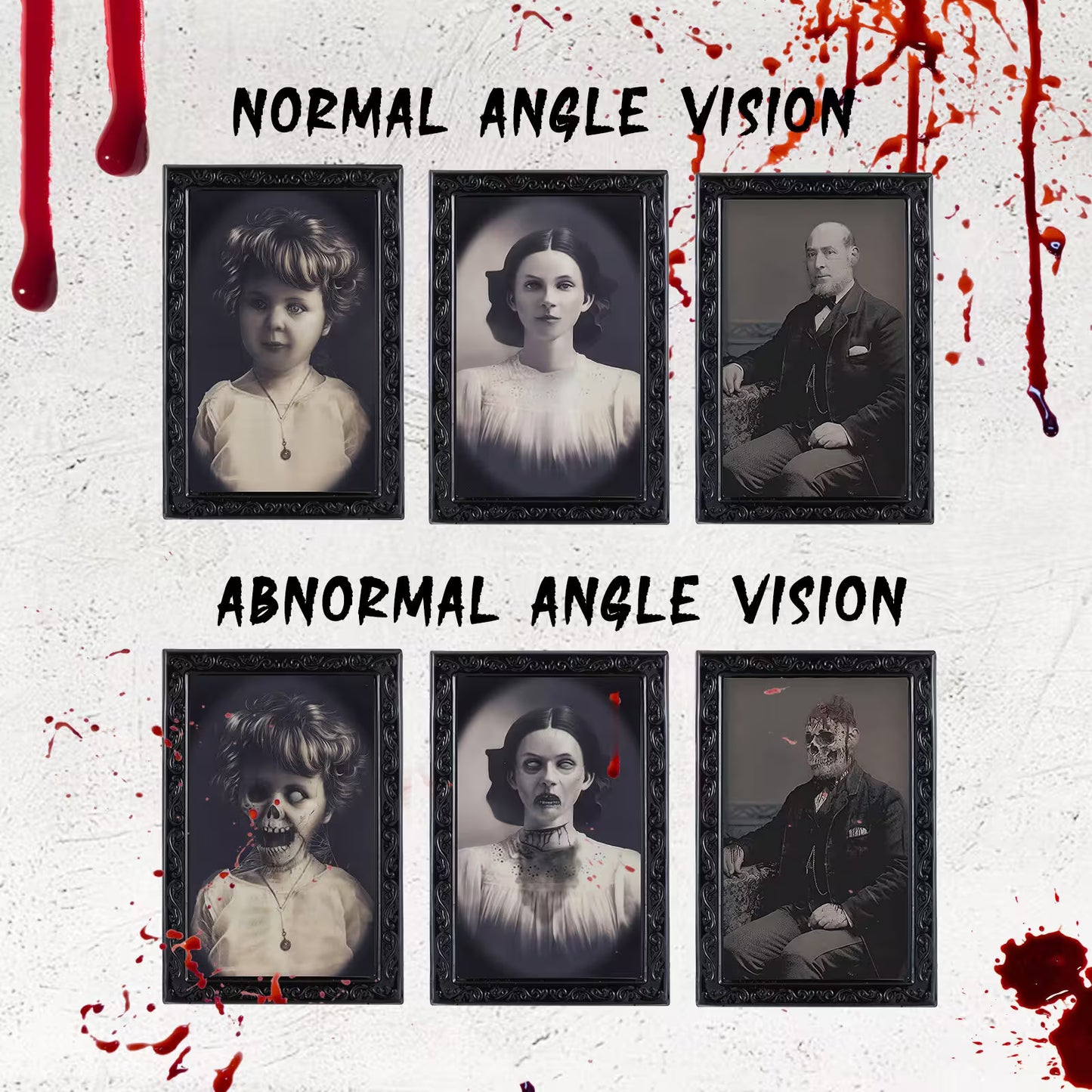 Comparison of portraits with normal and abnormal angle vision on a textured white background with bloodstains.