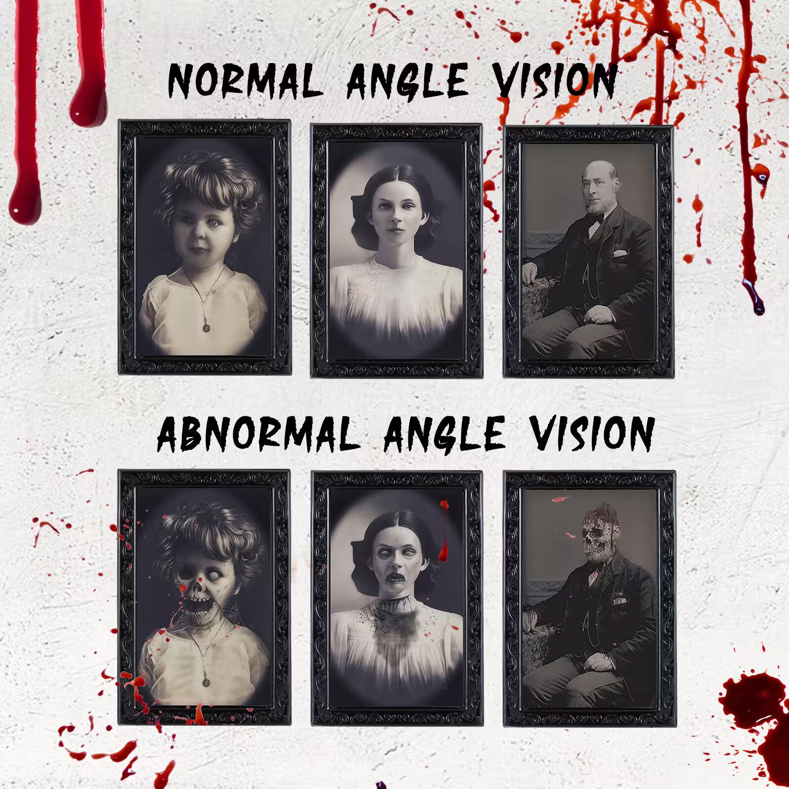 Comparison of portraits with normal and abnormal angle vision on a textured white background with bloodstains.