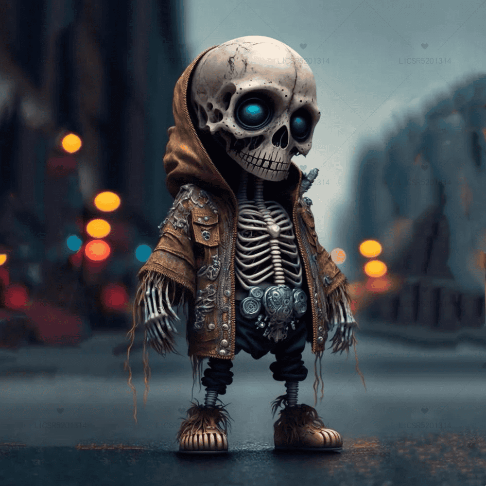 Skeleton character in a hooded outfit with a blurred cityscape background