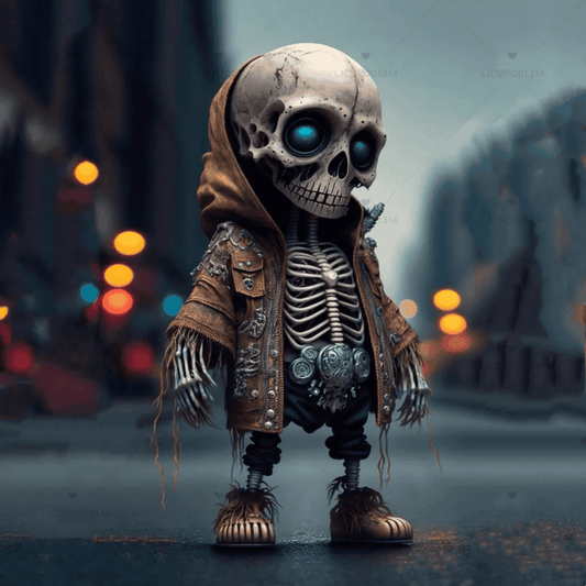 Skeleton character in a hooded outfit with a blurred cityscape background