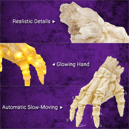 Decorative hands with glowing hand and automatic slow-moving feature on a purple background