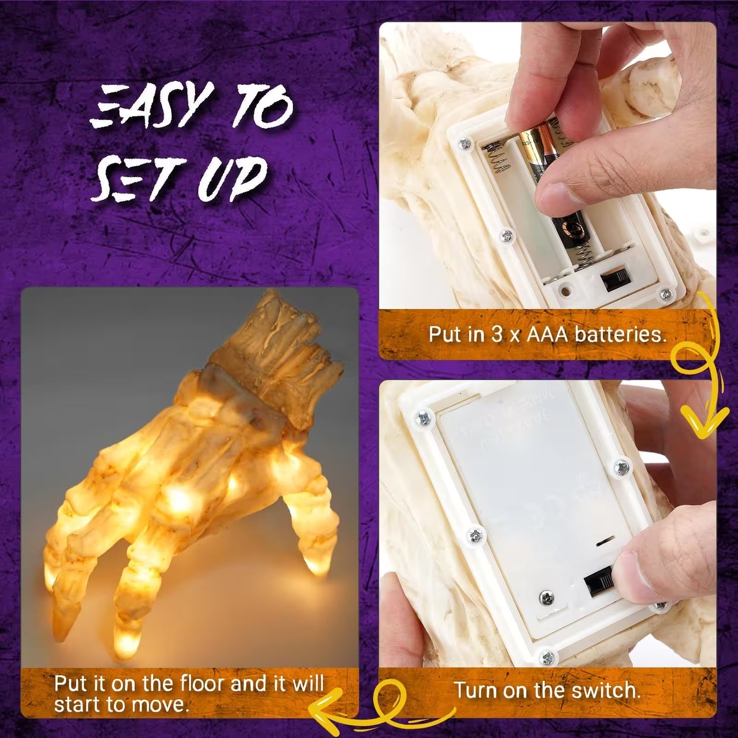 Instructions for setting up a moving LED light sculpture with batteries and switch.