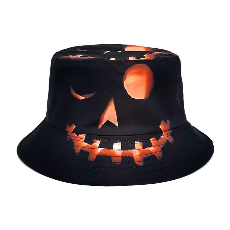 Black bucket hat with a jack-o'-lantern face design on a white background