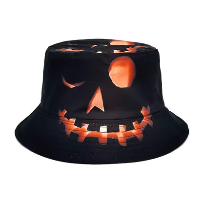 Black bucket hat with a jack-o'-lantern face design on a white background