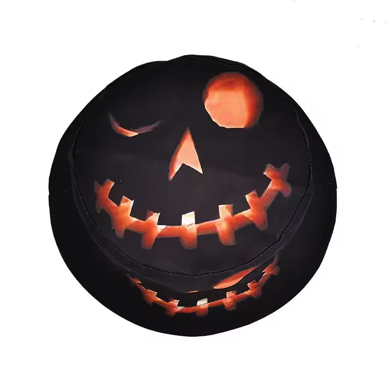 Black hat with a jack-o'-lantern face design on a white background