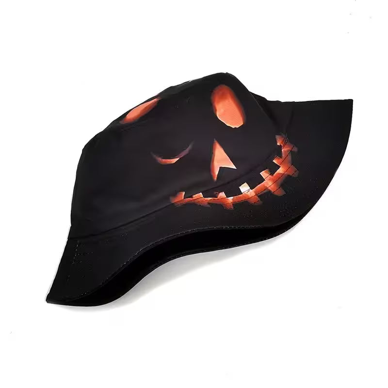 Black bucket hat with a jack-o'-lantern face design on a white background
