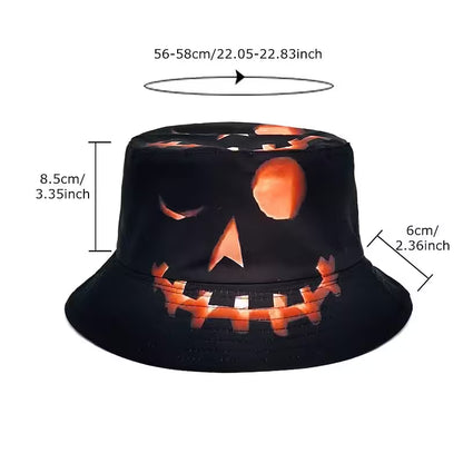 Black bucket hat with pumpkin face design and measurements on a white background