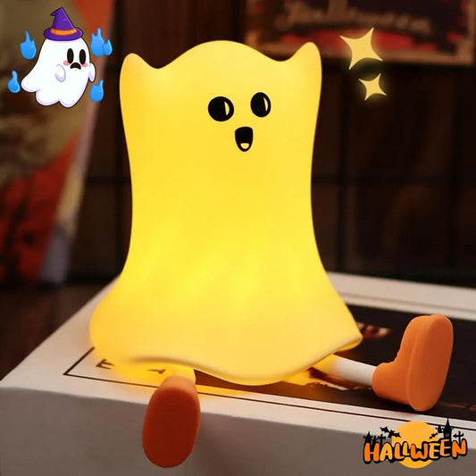 Yellow ghost plush toy with a surprised expression on a Halloween-themed background.