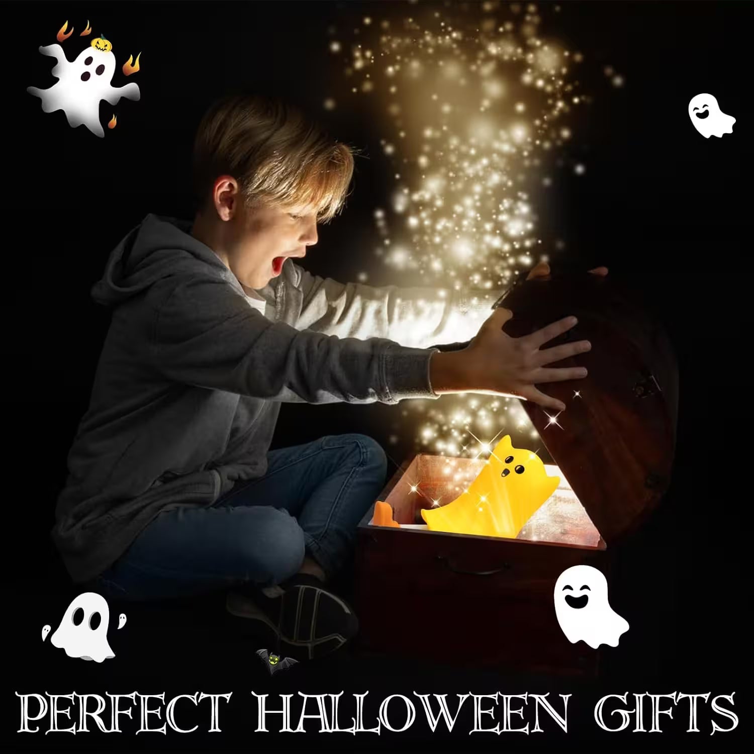 Child opening a Halloween gift box with glowing contents against a dark background.