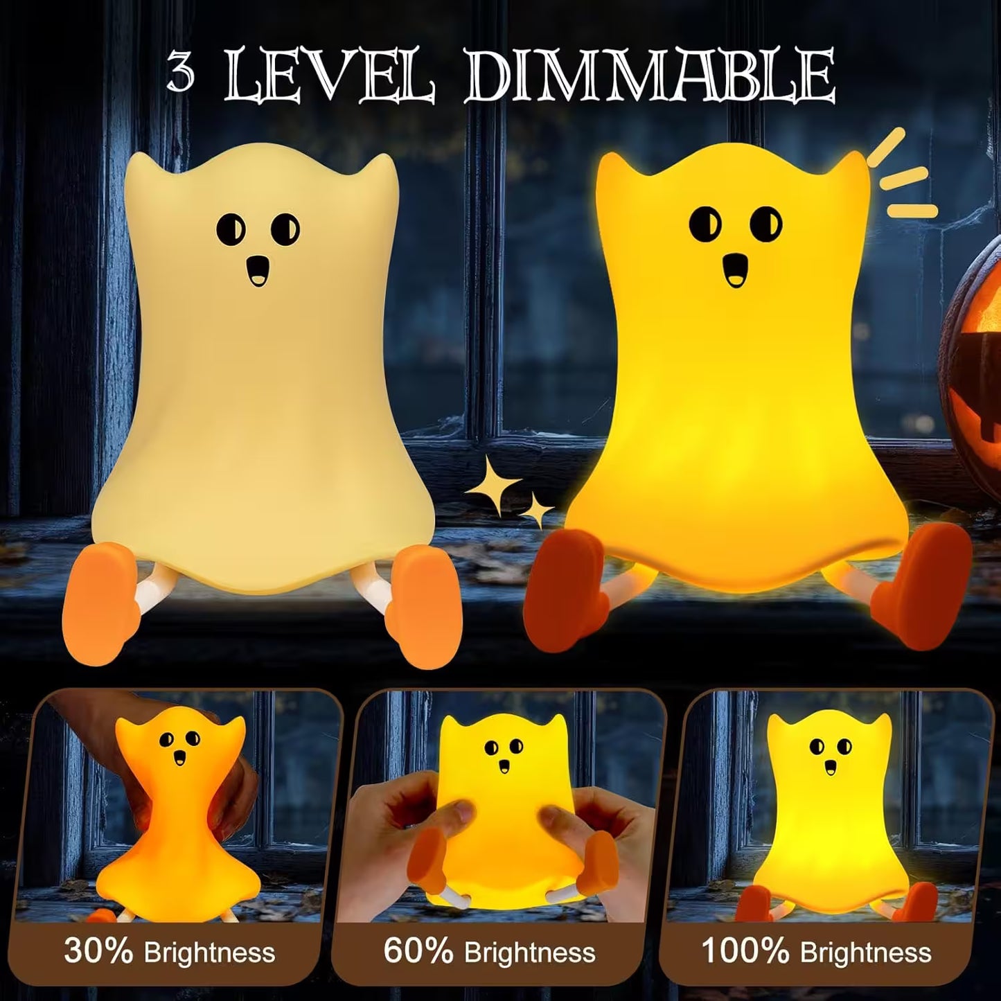 Two cartoon ghost characters with a 3-level dimmable feature displayed against a dark background.