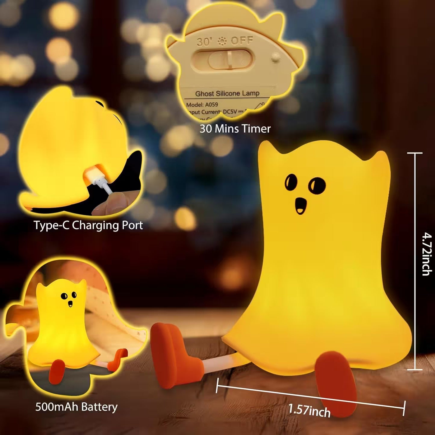 Ghost-shaped night light with charging port, battery capacity, and timer features on a blurred background.