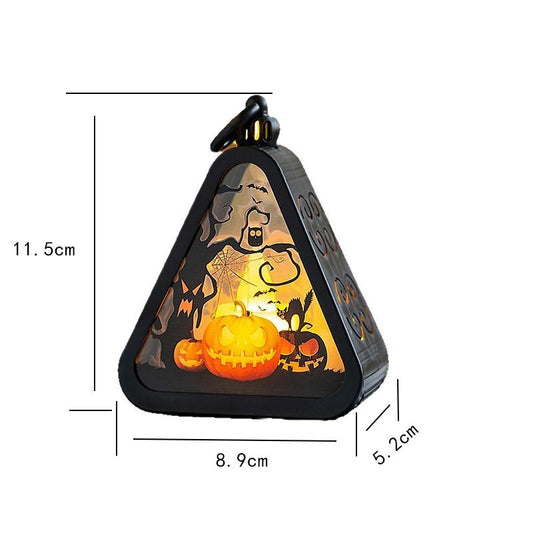 Halloween-themed triangular light with measurements on a white background