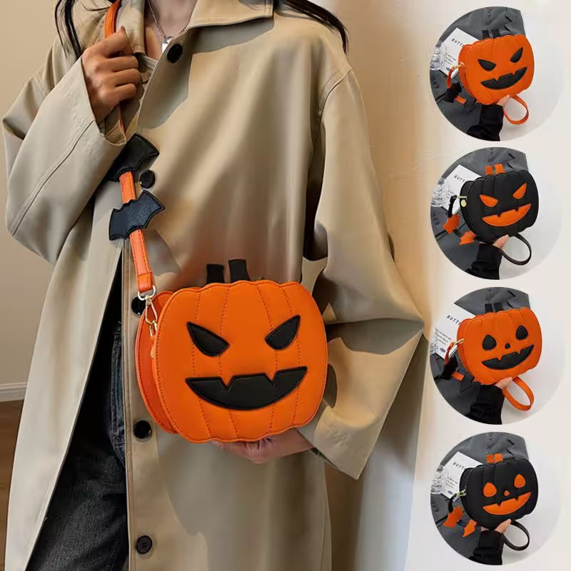 Person holding an orange pumpkin-shaped bag with black details, surrounded by close-up images of the bag.