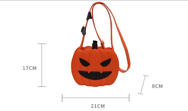 Pumpkin-shaped bag with a face design, shown with measurements on a white background