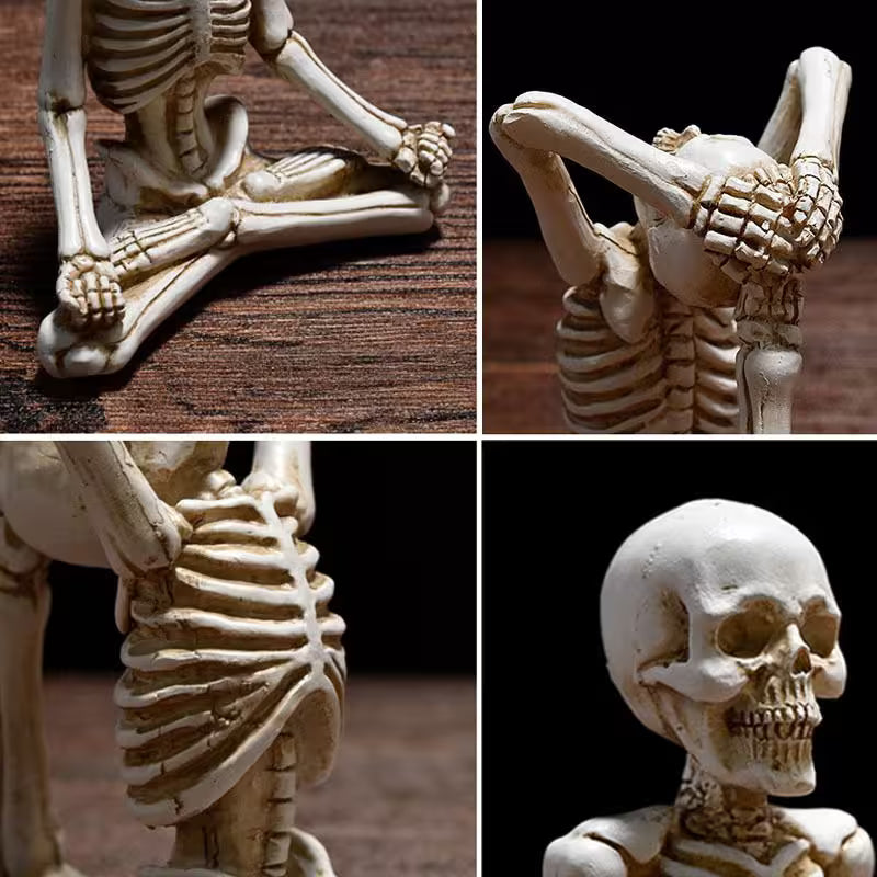 Collage of a detailed skeleton figurine on a wooden surface.