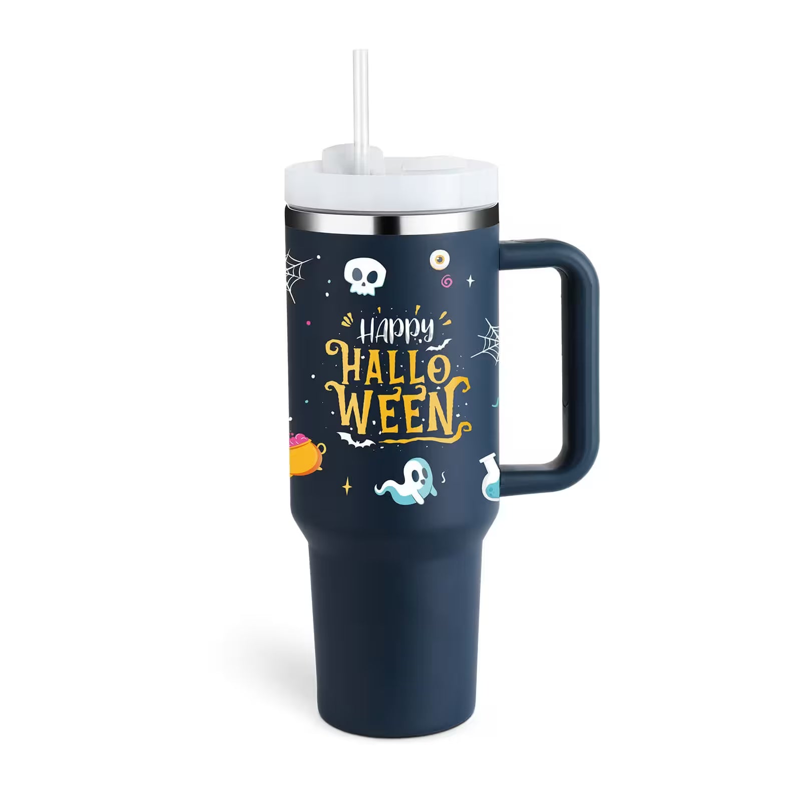 Navy blue tumbler with 'Happy Halloween' text and graphics on a white background