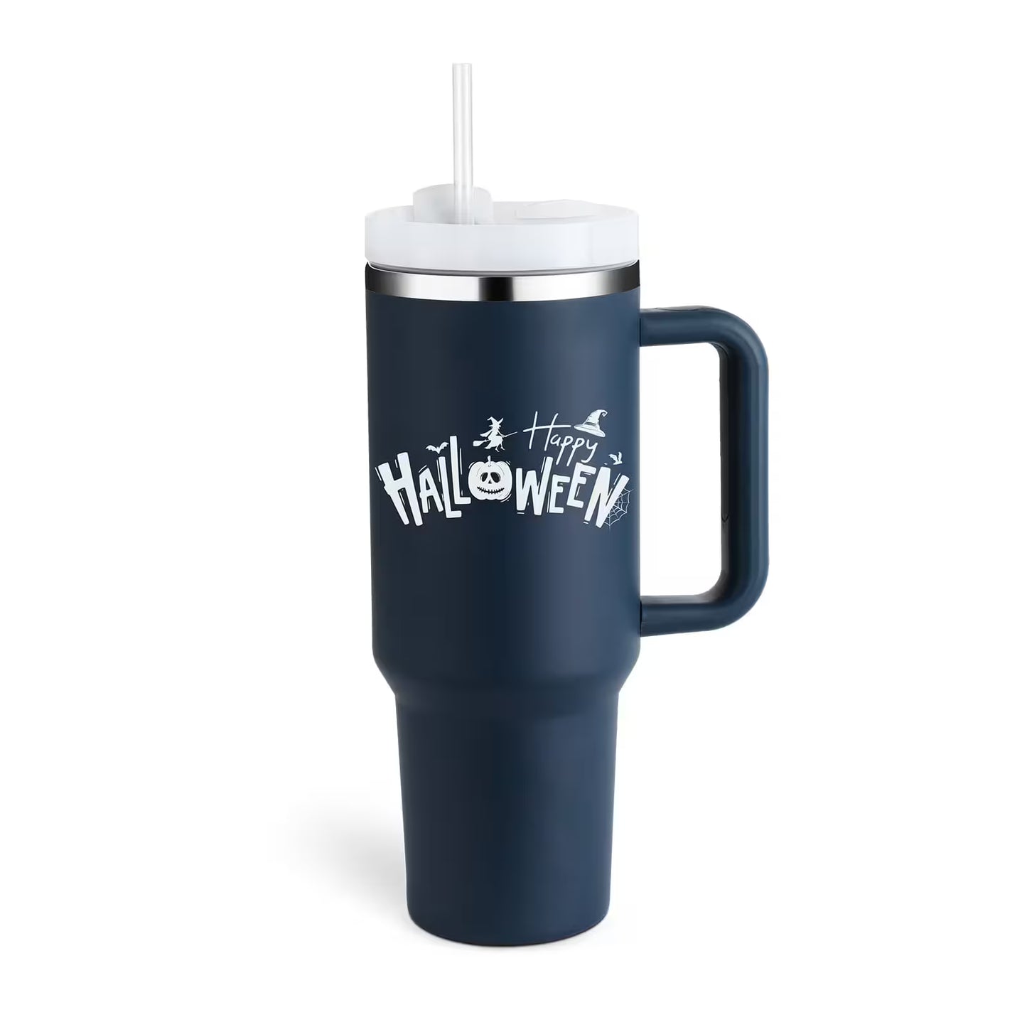 Navy blue tumbler with 'Happy Halloween' text on a white background