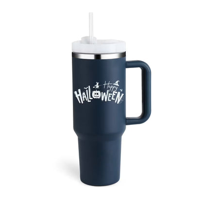 Navy blue tumbler with 'Happy Halloween' text on a white background