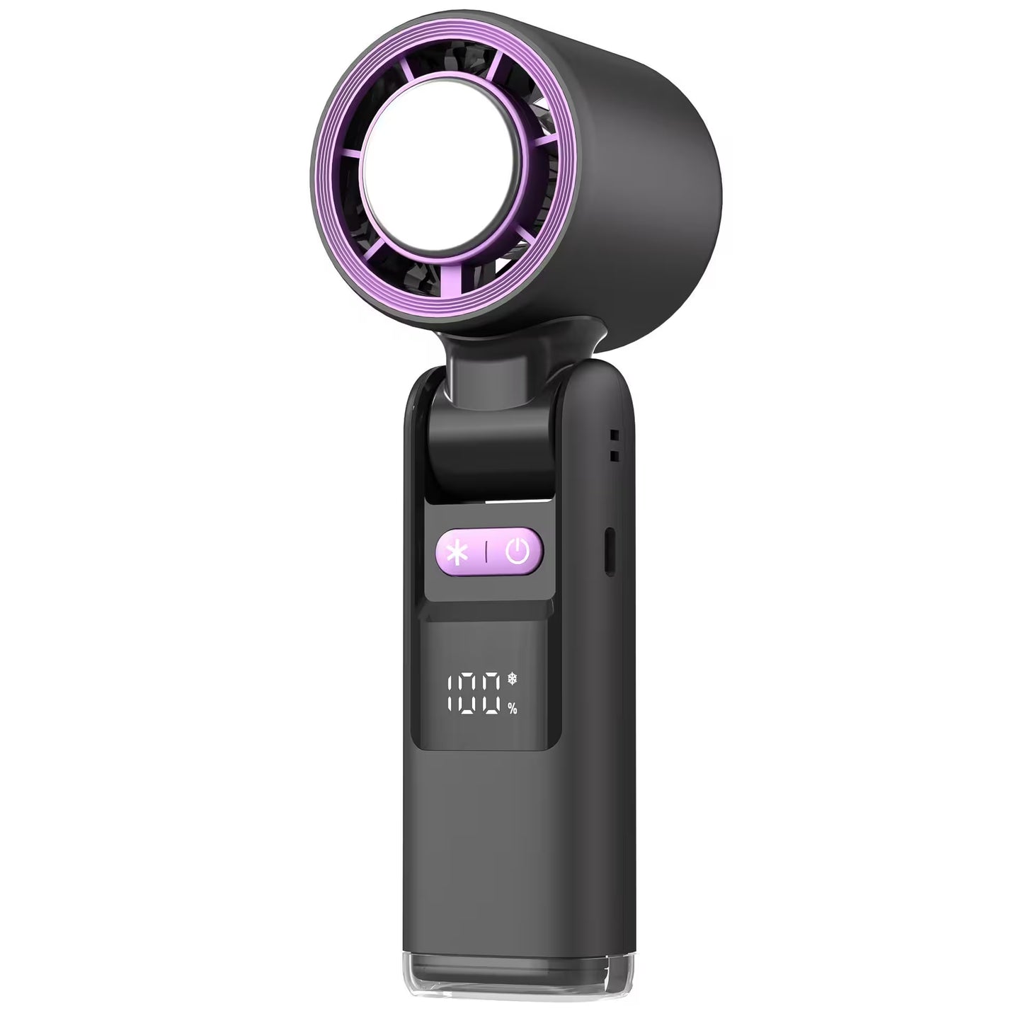 Black handheld device with purple accents on a white background