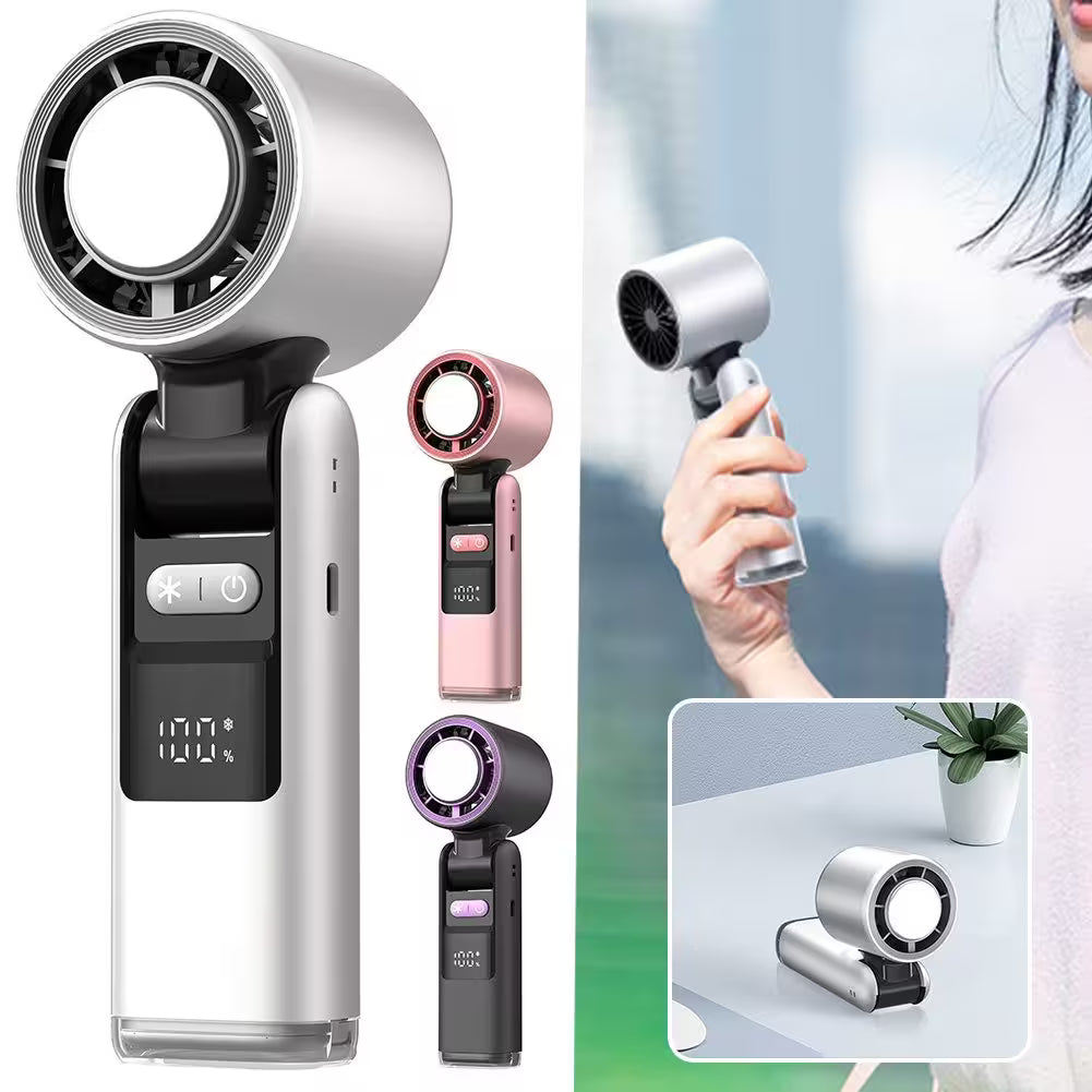 Collection of handheld fans in various colors with a person holding one, on a white background.