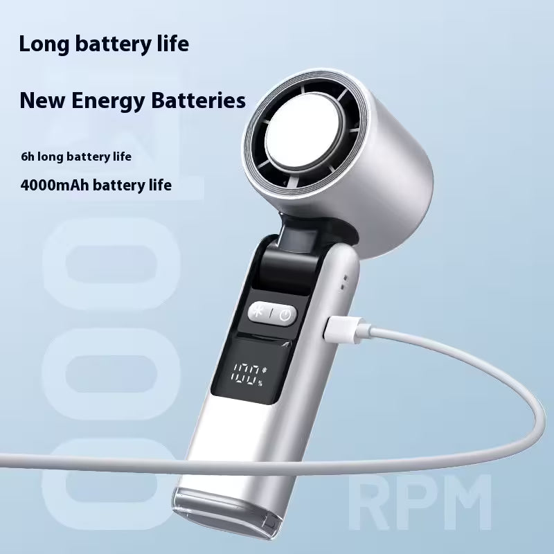 Hair dryer with text highlighting long battery life on a light blue background
