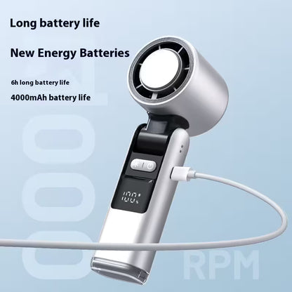 Hair dryer with text highlighting long battery life on a light blue background