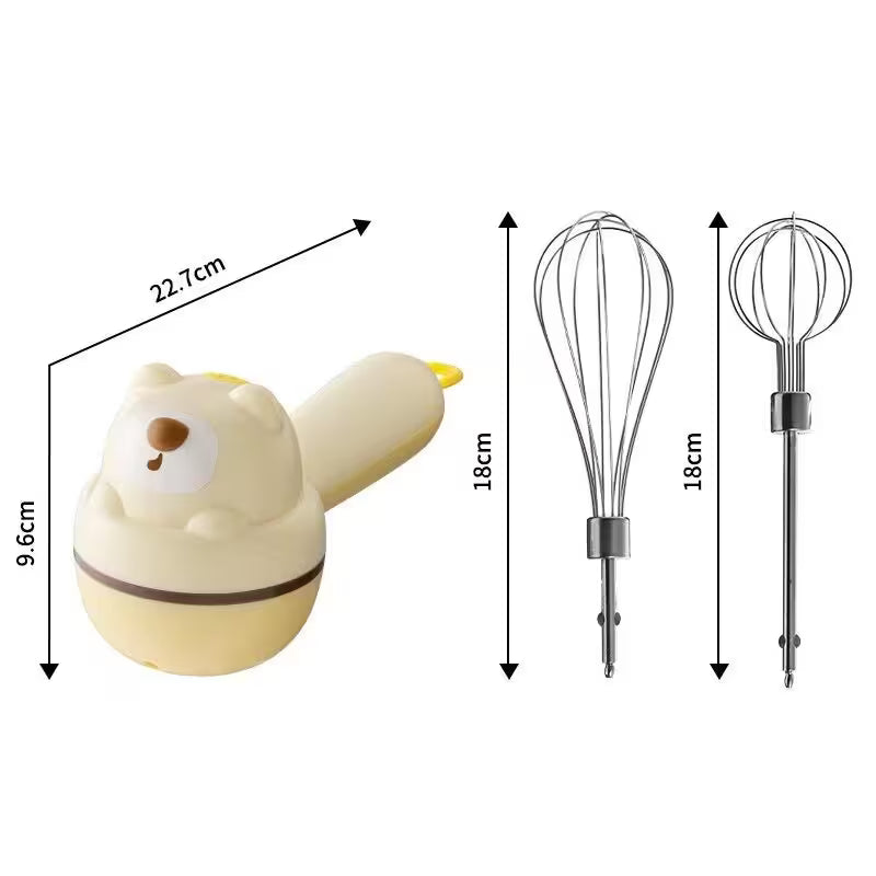 Measurement chart of a cartoon bear-shaped kitchen whisk and its components on a white background.