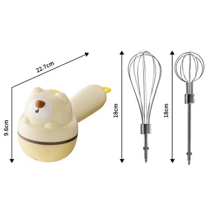 Measurement chart of a cartoon bear-shaped kitchen whisk and its components on a white background.