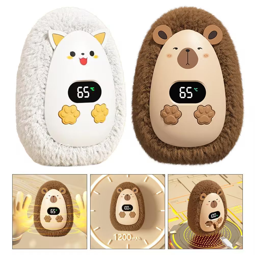 Two cartoon-style animal-shaped hand warmers with digital displays on a white background.