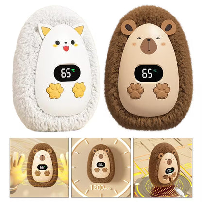 Two cartoon-style animal-shaped hand warmers with digital displays on a white background.