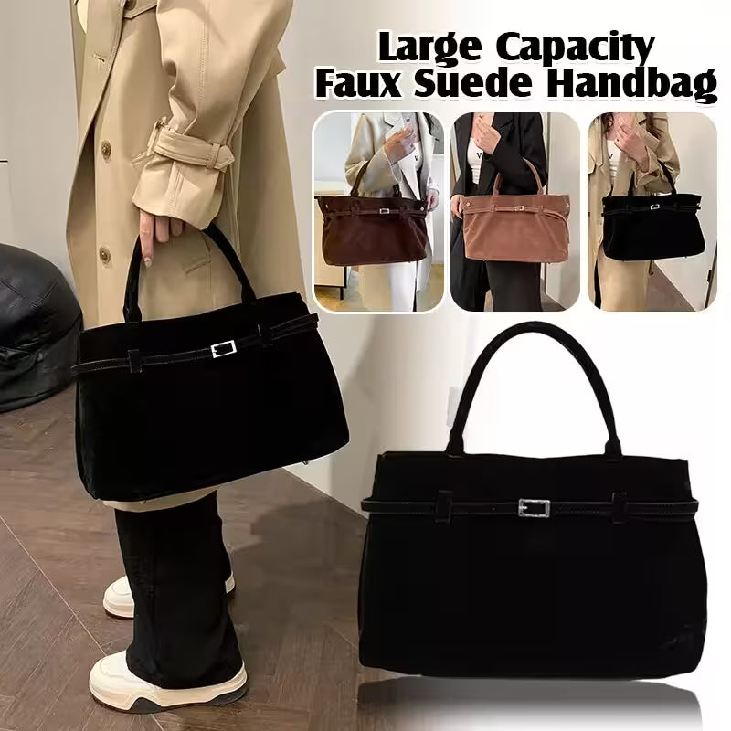 Black faux suede handbag with a person wearing a beige coat, shown from multiple angles.