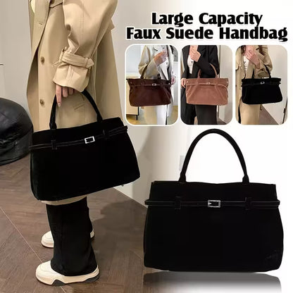 Black faux suede handbag with a person wearing a beige coat, shown from multiple angles.