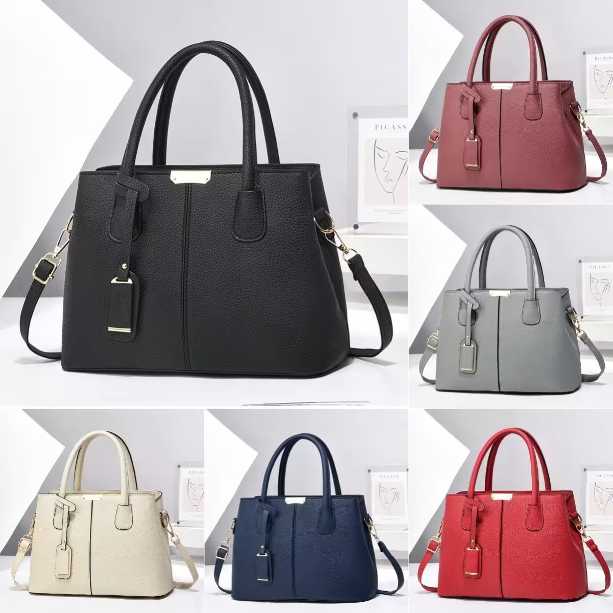 Collage of black, red, gray, beige, and blue handbags on a white background.